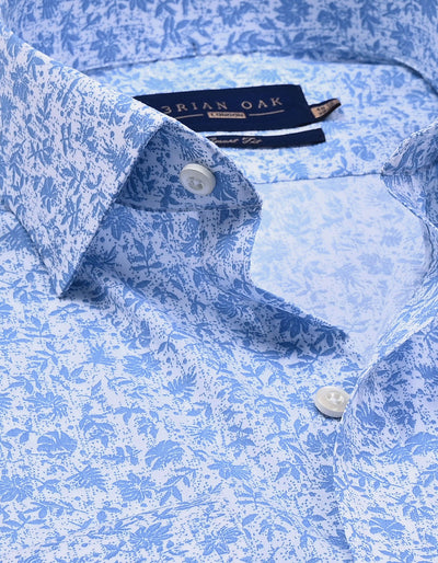 White and Sky Blue Botanical Print Formal Shirt