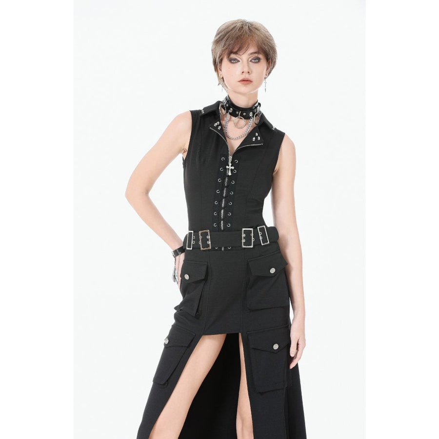Dark in Love Punk Layered Pocket Cutout Belted Long Skirt