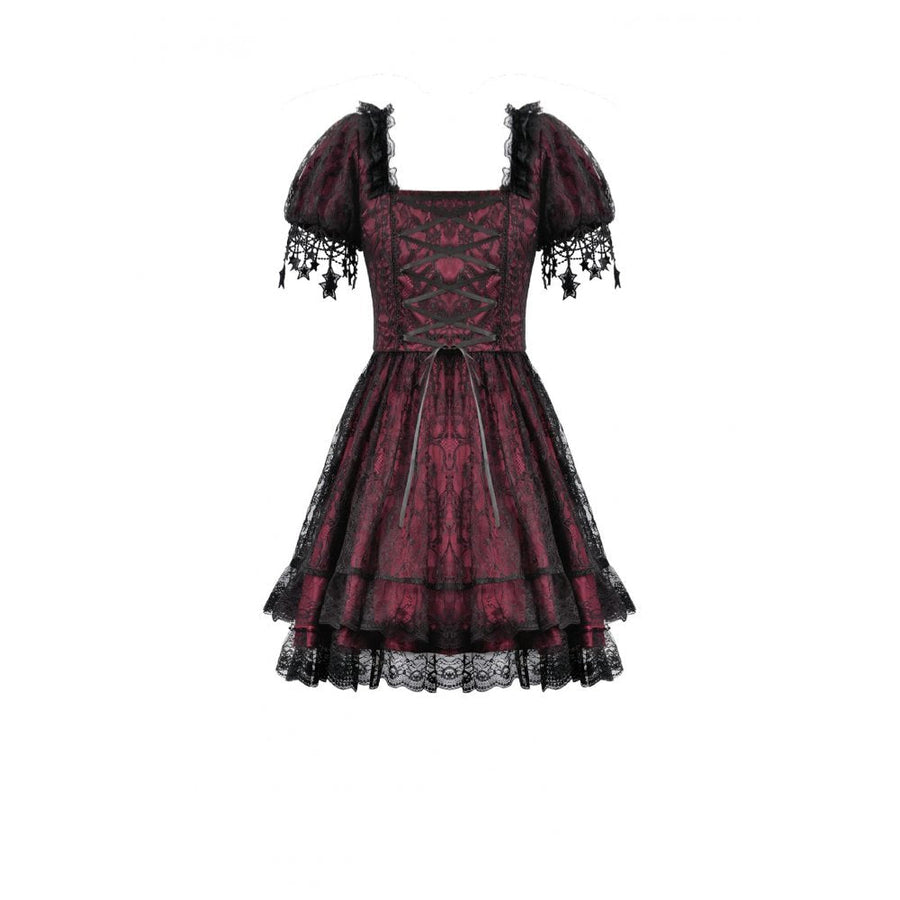 Dark in Love Burgundy & Black Lace Princess Dress with Stars Lace