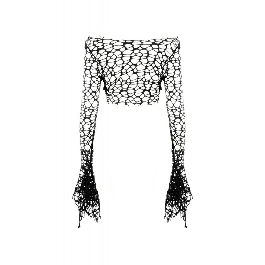 Dark in Love Morana Mesh Crochet Knit Bell Sleeve Crop Top