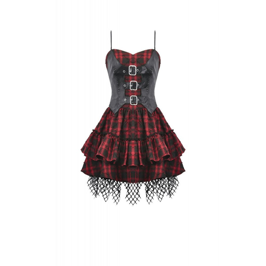 Dark in Love Red-Black Plaid Leather Layered Punk Sweetcore Dress