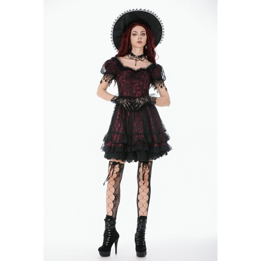 Dark in Love Burgundy & Black Lace Princess Dress with Stars Lace