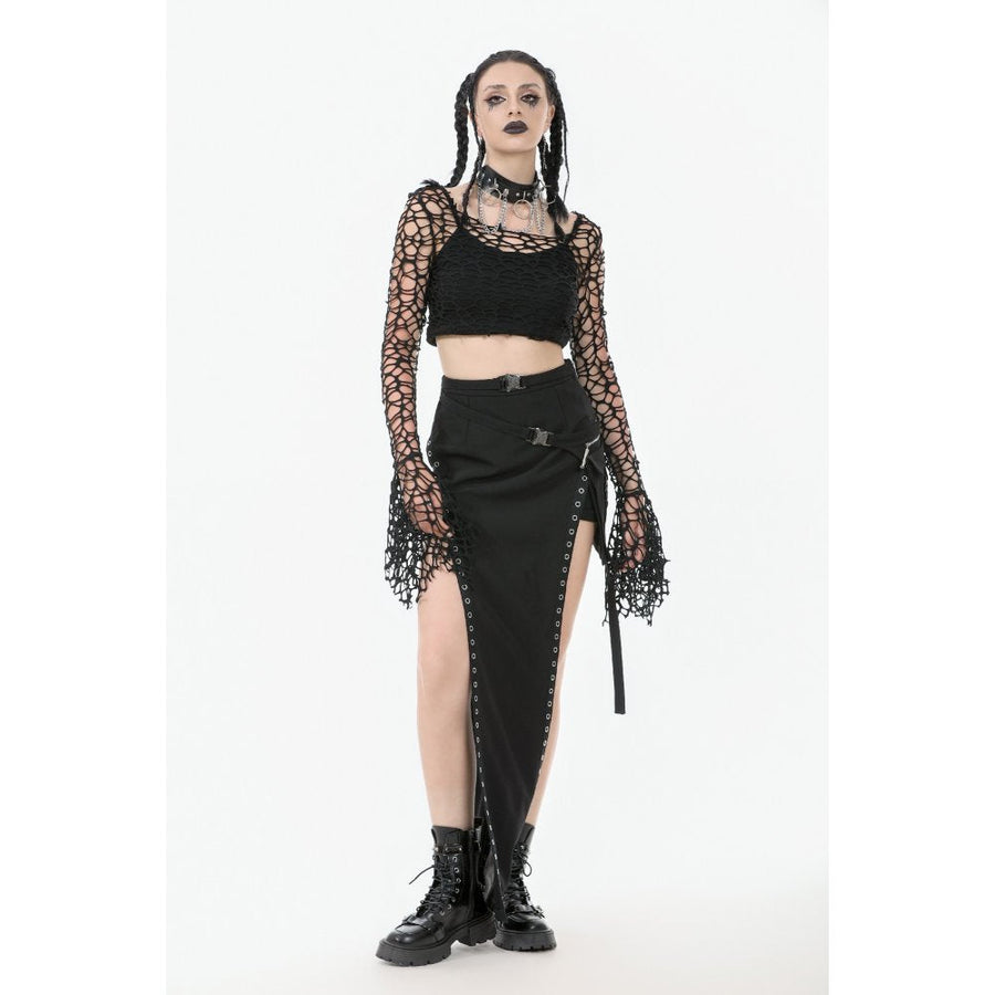 Dark in Love Morana Mesh Crochet Knit Bell Sleeve Crop Top