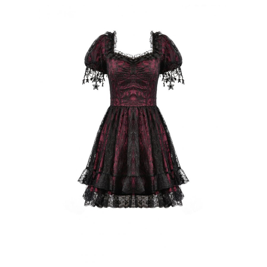 Dark in Love Burgundy & Black Lace Princess Dress with Stars Lace