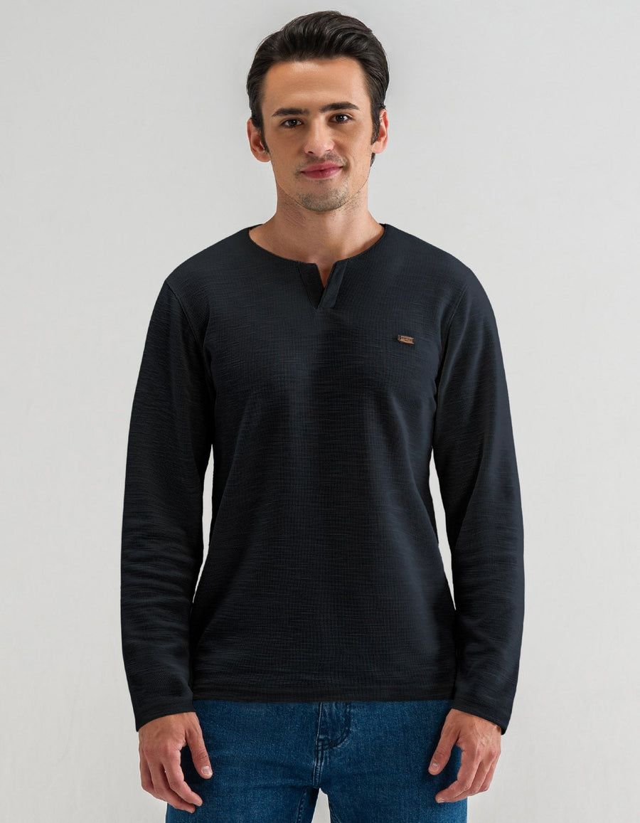 Black Long Sleeve Textured Crew Neck T-Shirt