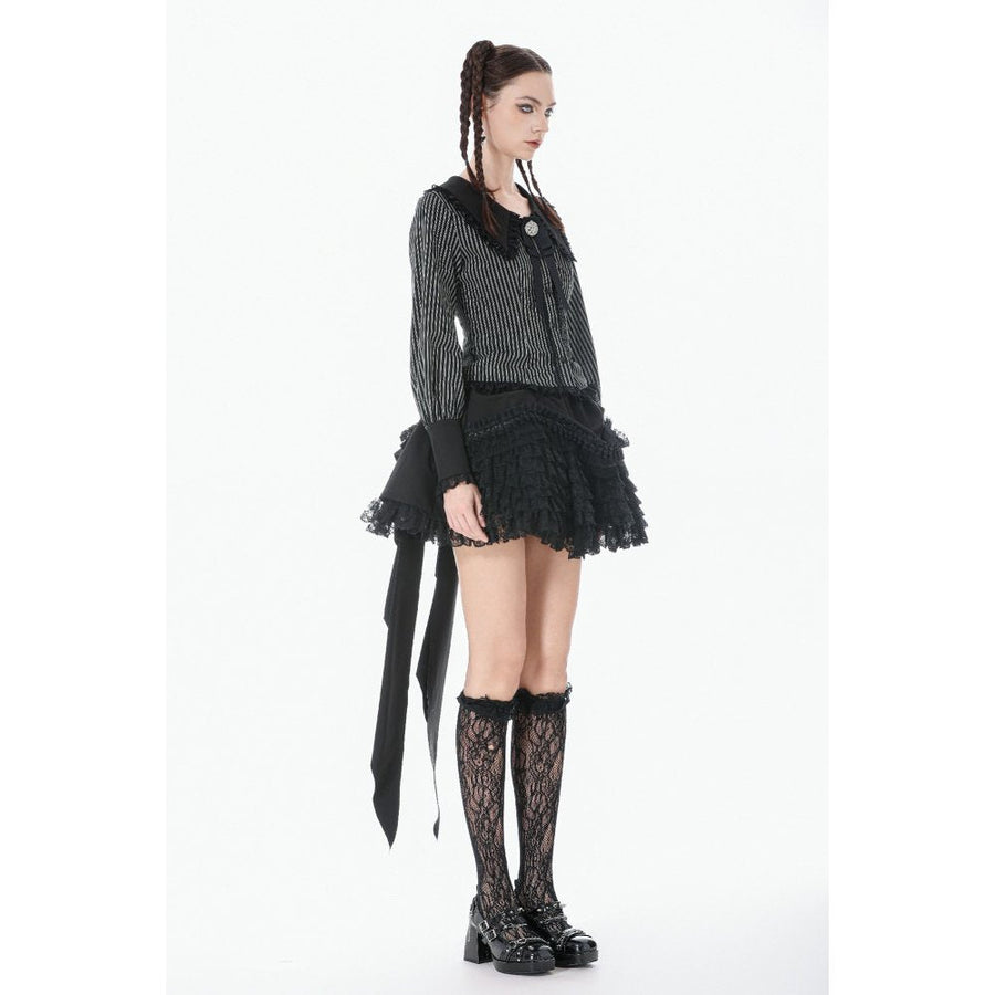Dark in Love Gothic Peter Pan Collar Lace Shirt - Dark Academia Striped Cotton
