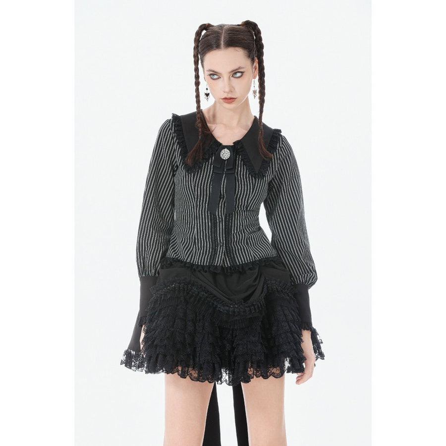 Dark in Love Gothic Peter Pan Collar Lace Shirt - Dark Academia Striped Cotton