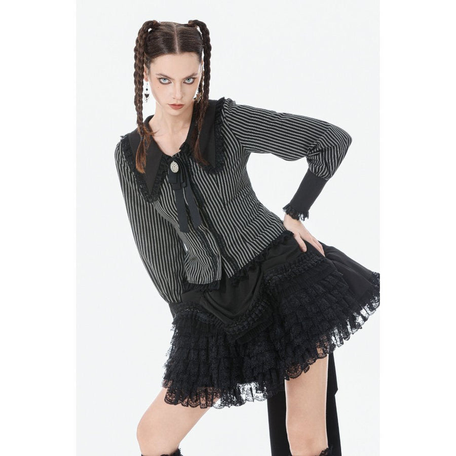 Dark in Love Gothic Peter Pan Collar Lace Shirt - Dark Academia Striped Cotton