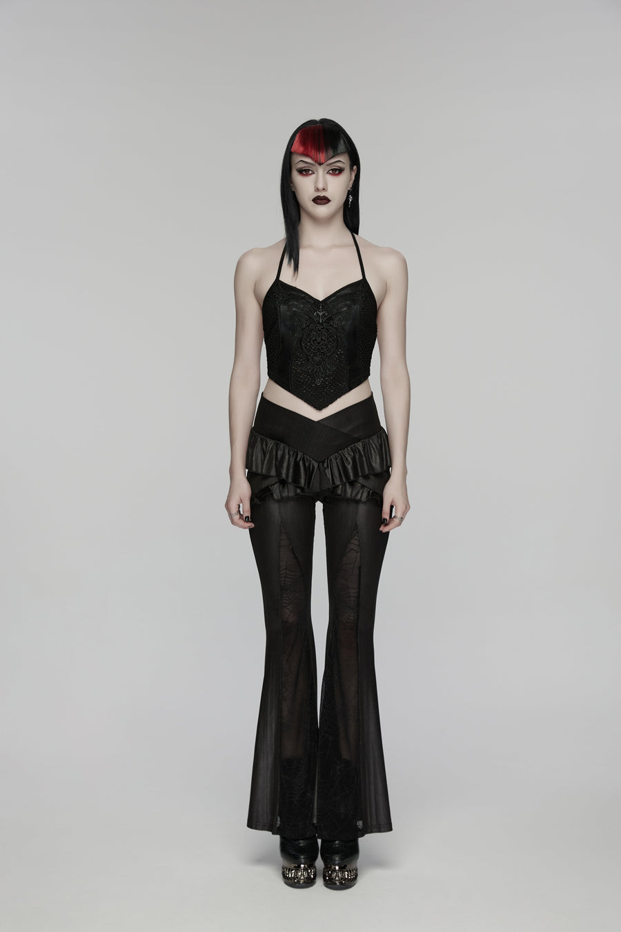 Punk Rave Goth Camisole Top with Feature Embroidery and Tie Back
