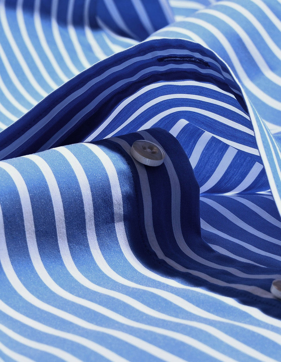 Blue Striped Shirt with Contrast Collar and Cuffs