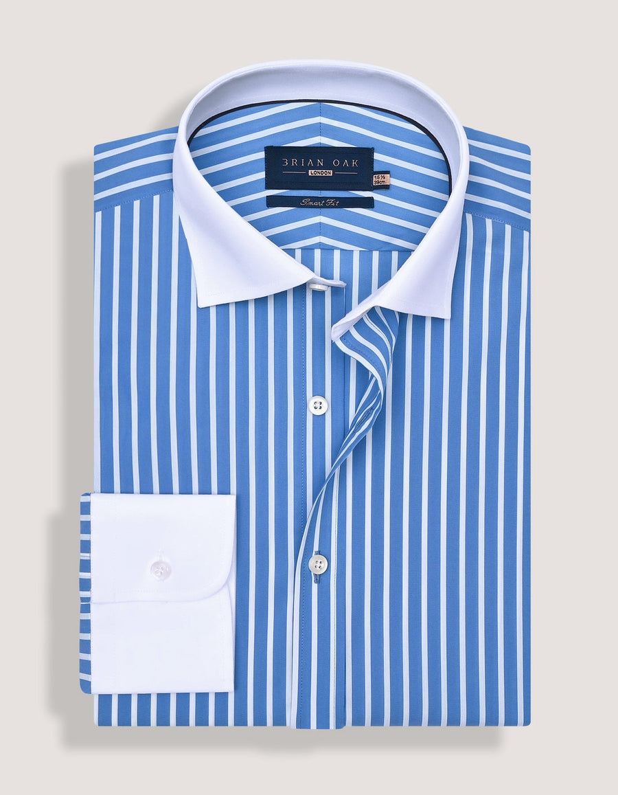 Blue Striped Shirt with Contrast Collar and Cuffs