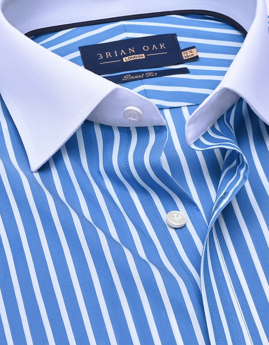 Blue Striped Shirt with Contrast Collar and Cuffs