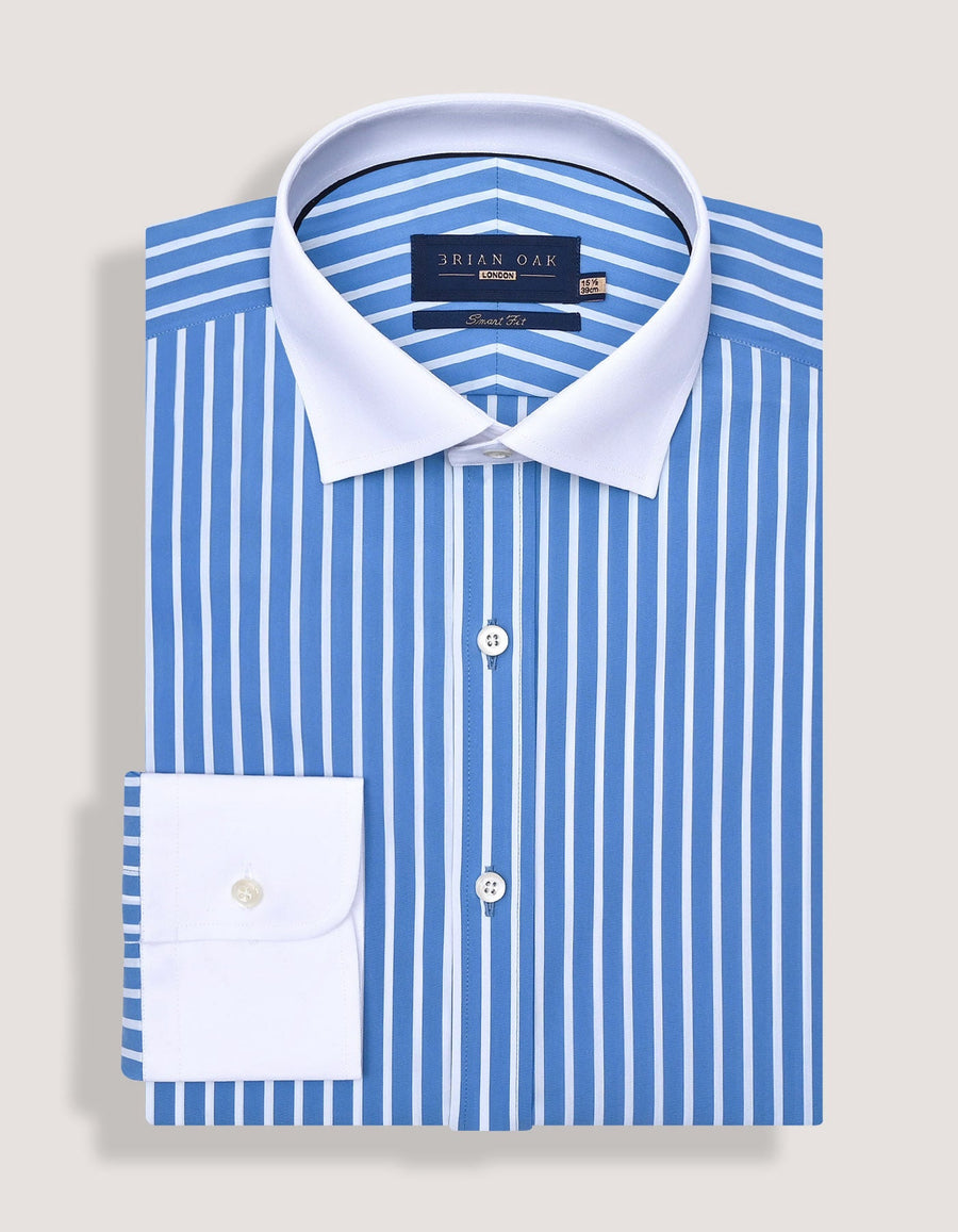 Blue Striped Shirt with Contrast Collar and Cuffs
