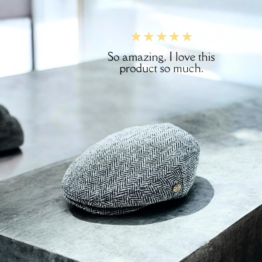 Harris Tweed Herringbone Flat Cap – Black