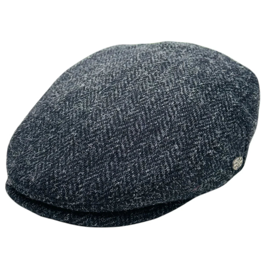 Harris Tweed Herringbone Flat Cap – Black