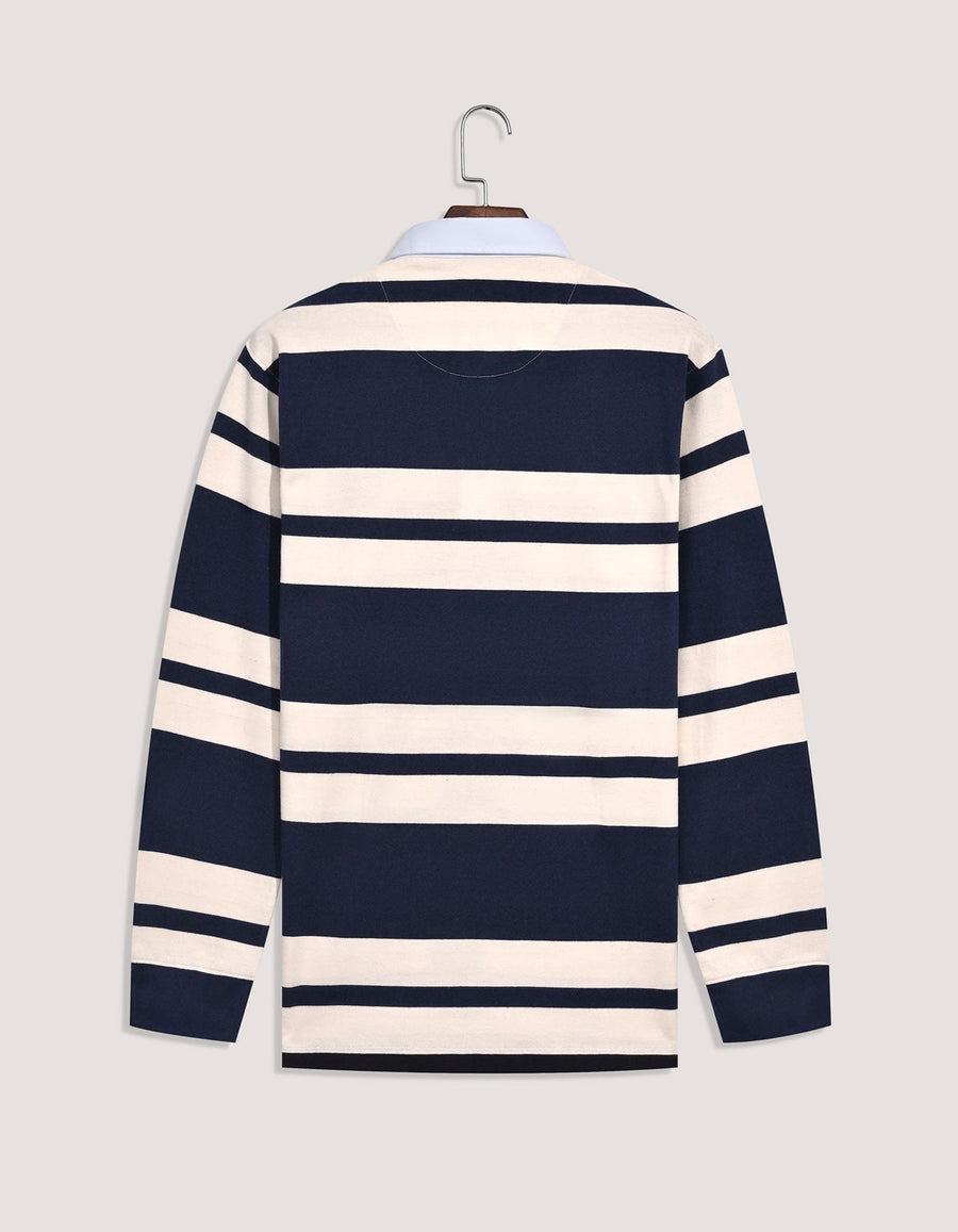 Navy Relaxed Fit Rugby Shirt with Cream Stripes