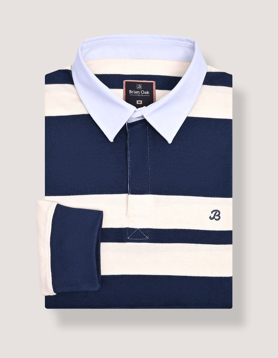 Navy Relaxed Fit Rugby Shirt with Cream Stripes