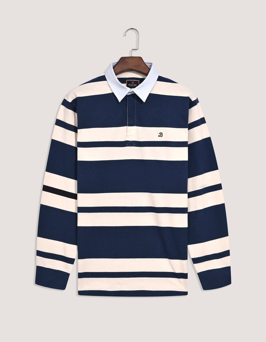 Navy Relaxed Fit Rugby Shirt with Cream Stripes