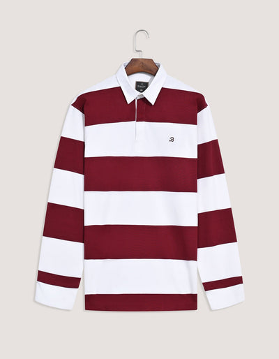 Off White and Maroon Relaxed Fit Striped Rugby Shirt
