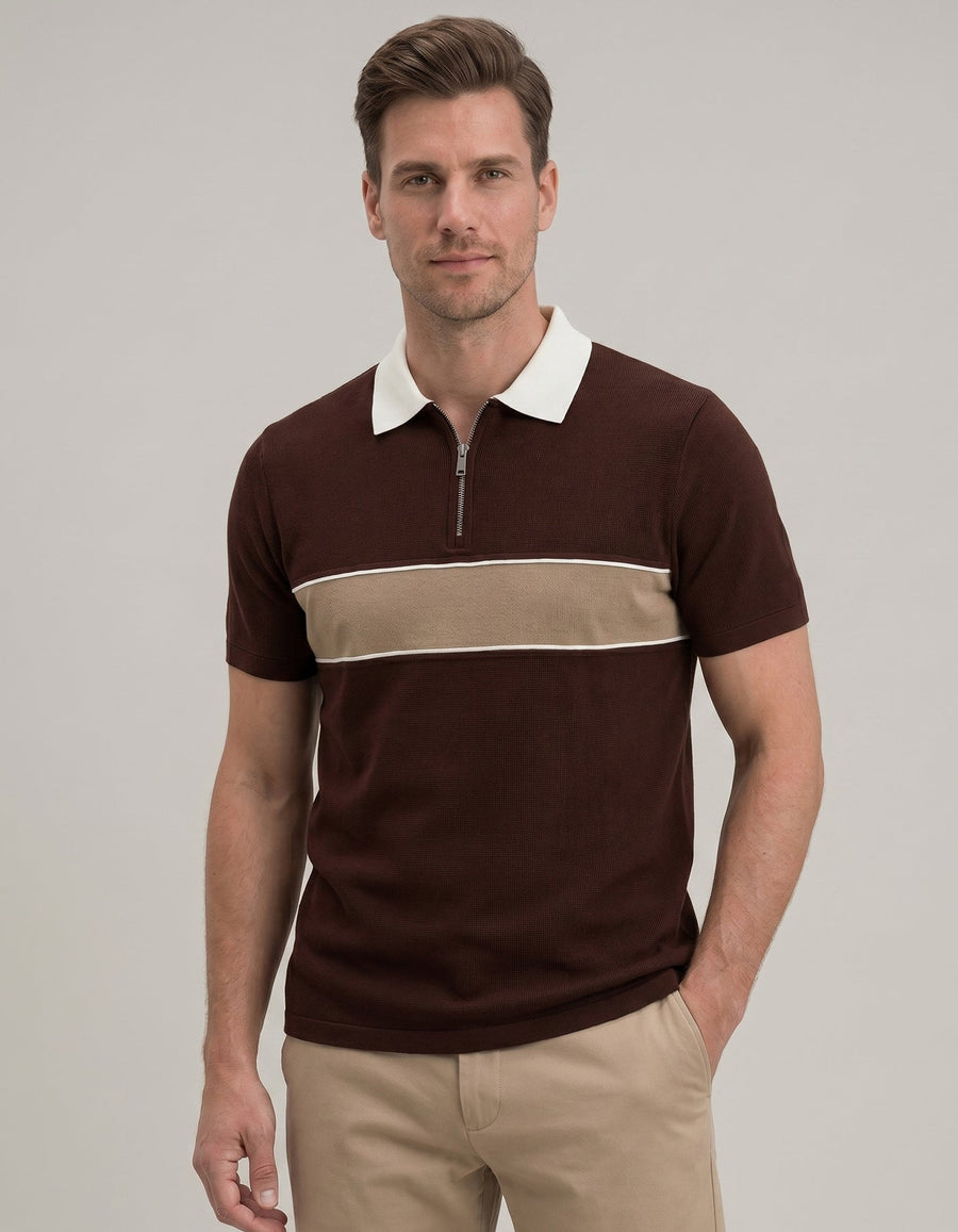 Brown Zip Neck Polo Shirt