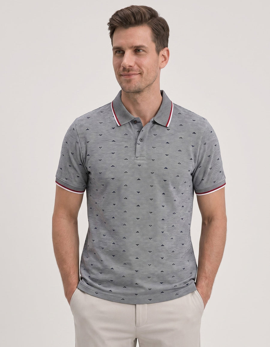 Navy Printed Cotton Polo Shirt