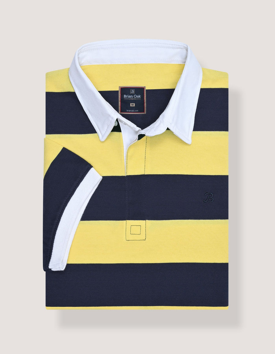 Yellow Striped Contrast Collar Cotton Polo Shirt