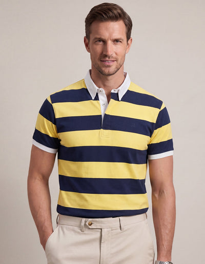 Yellow Striped Contrast Collar Cotton Polo Shirt