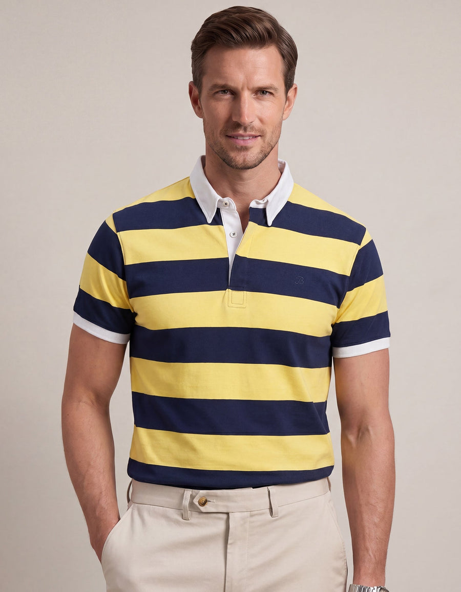 Yellow Striped Contrast Collar Cotton Polo Shirt