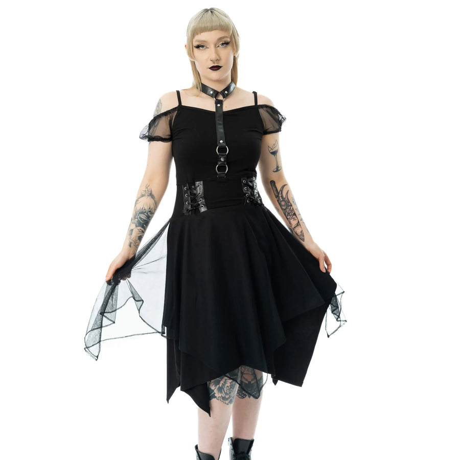 Poizen Industries Banshee Gothic Mini Dress - Cold Shoulder Mesh & Lace-Up