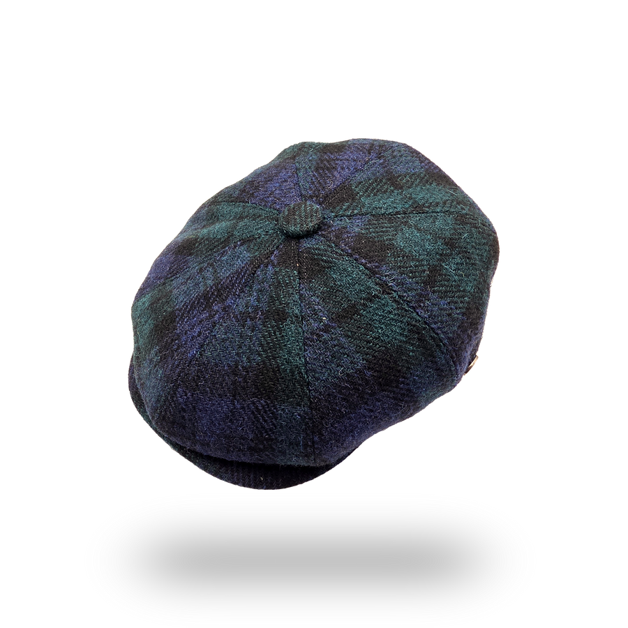 Black Watch Tartan Harris Tweed Newsboy Cap, top view showing eight panels and button