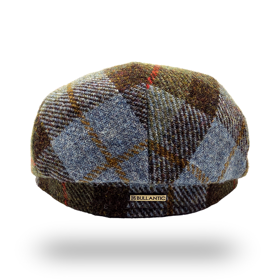 Uist Blue Tartan Harris Tweed Flat Cap, back view with Bullantic bar badge