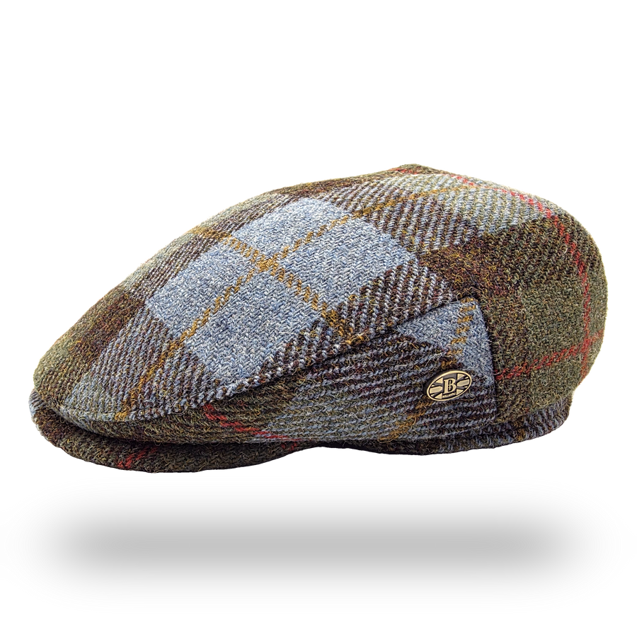 Uist Blue Tartan Harris Tweed Flat Cap, side view