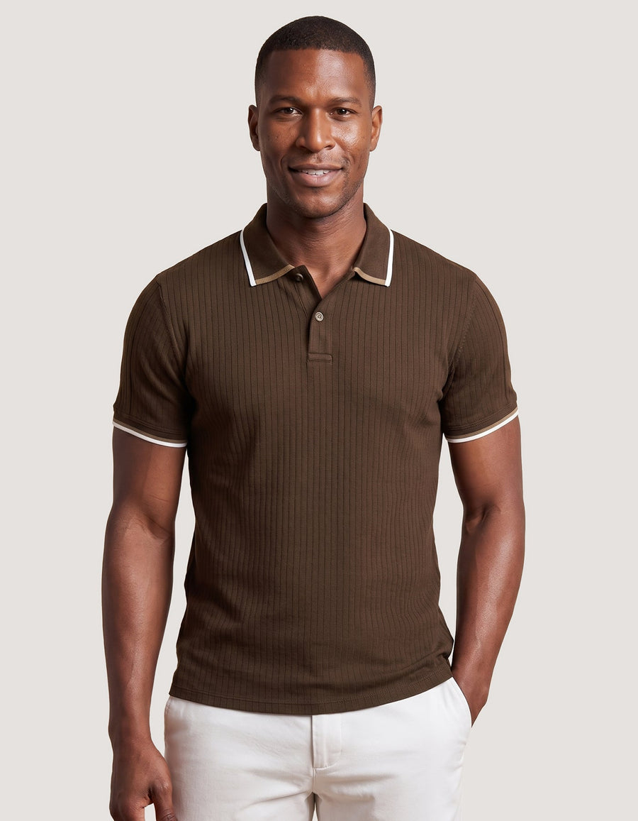 Brown Ribbed Cotton Polo Shirt