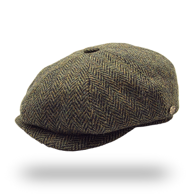 Harris Tweed Herringbone Newsboy Cap in olive, side view