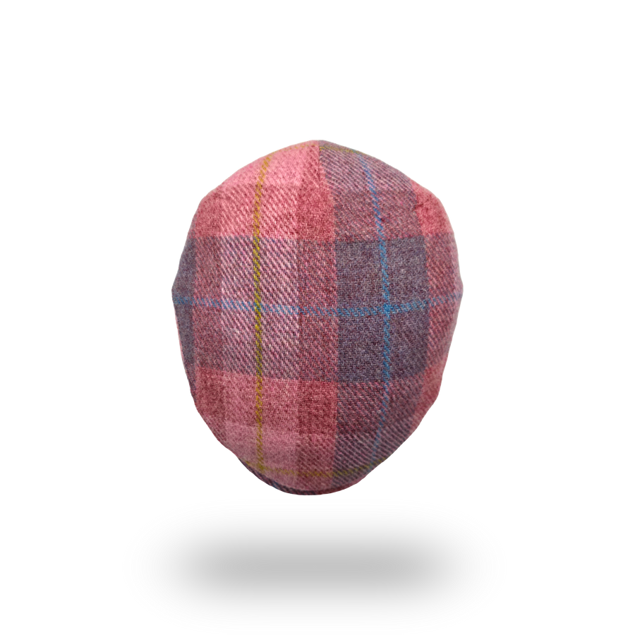 Machair Pink Tartan Harris Tweed Flat Cap, top view