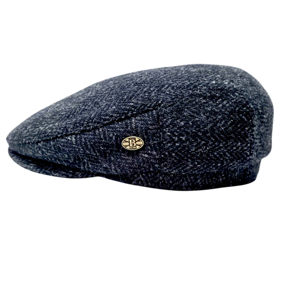 Harris Tweed Herringbone Flat Cap – Black