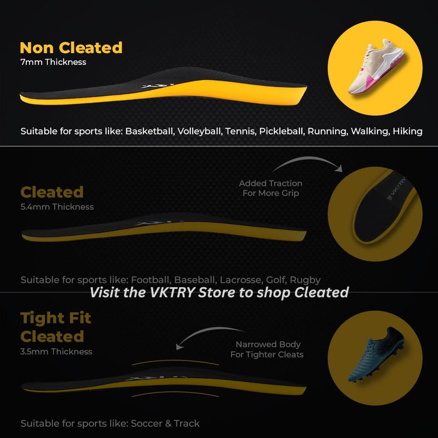 VKTRY Gold Carbon Fiber Insoles for Non-Cleated Shoes | Customized Athletic Inserts for Basketball, Volleyball, Running & More | Shock Absorption | US M4.5-5, W6.5-7, <120lbs