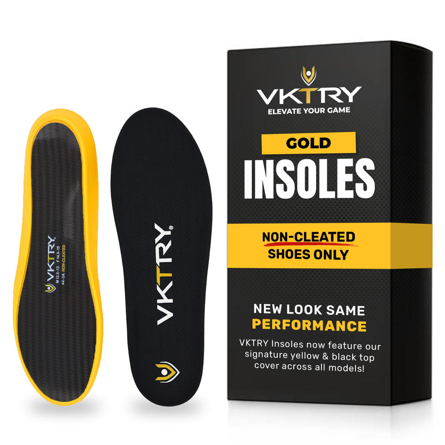 VKTRY Gold Carbon Fiber Insoles for Non-Cleated Shoes | Customized Athletic Inserts for Basketball, Volleyball, Running & More | Shock Absorption | US M4.5-5, W6.5-7, <120lbs