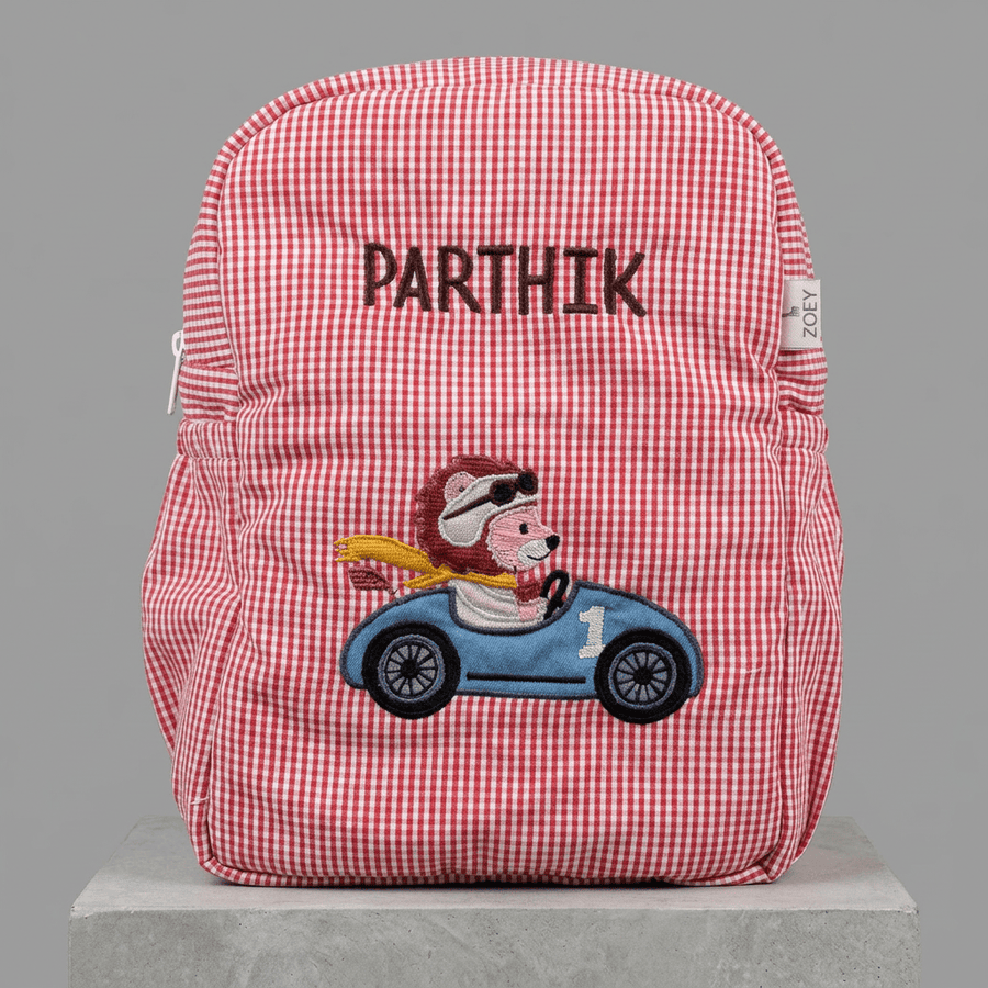 Little Racer Lion Personalised School Bag, Hand-Embroidered
