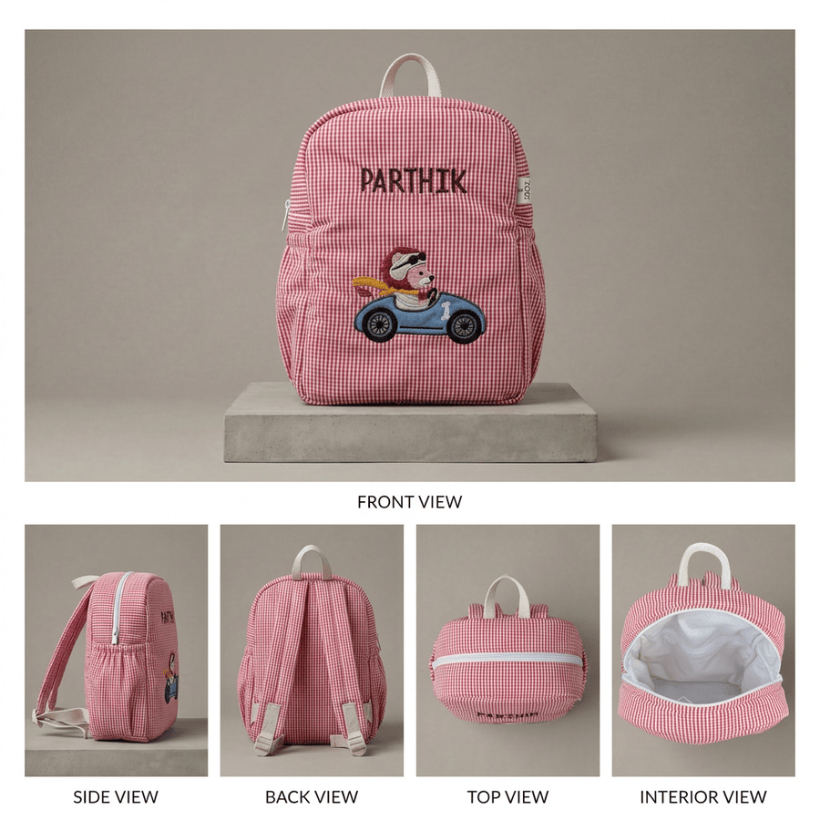 Little Racer Lion Personalised School Bag, Hand-Embroidered